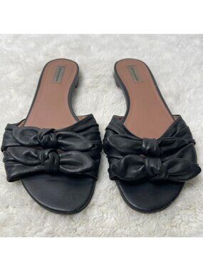 Tabitha Simmons Cleo Black Leather Double Bow Slide Sandals Size 39.5